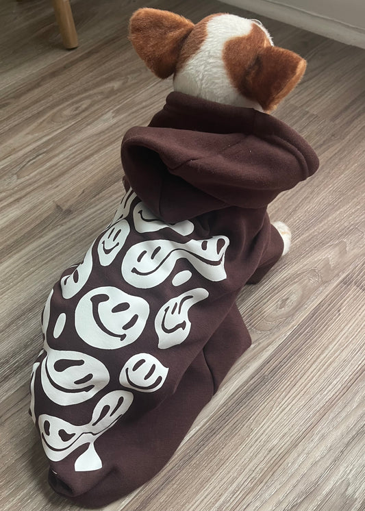 brown drippy smiley dog hoodie